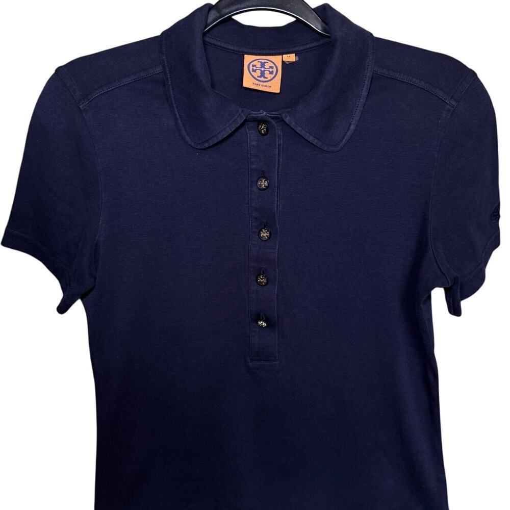 Tory Burch Lennox Polo Five Button Cotton Short Sleeve Navy Size Medium - Picture 4 of 11